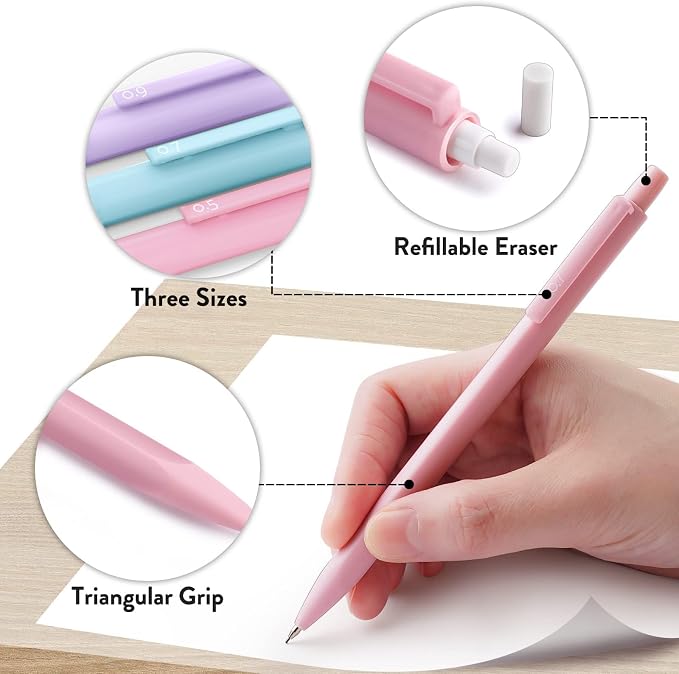 Four Candies Pastel Mechanical Pencil Set with Case, 6-Pack | 0.5/0.7/0.9mm, 360 Leads, 3 Erasers, 9 Eraser Refills, Back to School Supplies for Girls, Cute Aesthetic Stationery