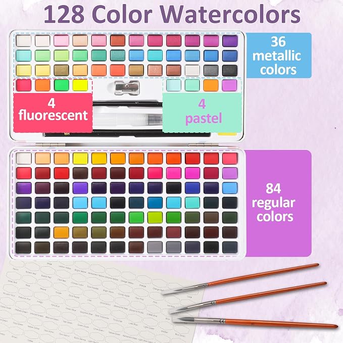 Caliart 128 Colors Watercolor Paint Set, Portable Art Supplies Palette Kit | Water Color Paints with Detail Paintbrush, Art Coloring Painting Gifts for Adults Professionals Beginners Artists