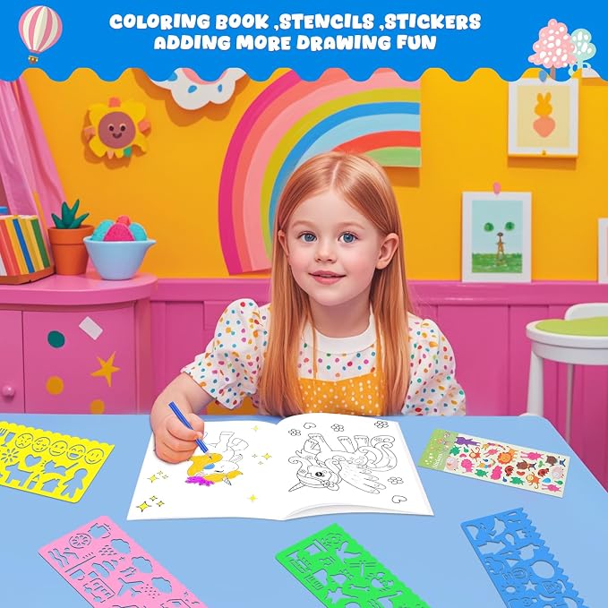 homicozy Art Supplies, Unicorn Drawing & Coloring Set with Crayons, Colored Pencils, Markers, Sketchbook, Watercolor Cakes, Stencils, Arts and Crafts Painting Kit for Kids Ages 4-10, Girls Boys Gift