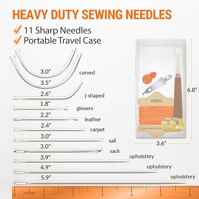Upholstery Repair Kit: Waxed Sewing Thread (Orange Color) & Heavy Duty Needles (11 PCS) for Leather, Canvas & Quilting Thread