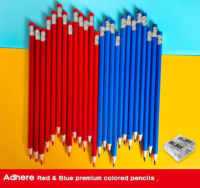 Adhere 25pcs Checking Pencils Erasable colored Pencils Pre-Sharpened #2 HB,for Checking Tests Grading,Map Coloring, editing Office Favors,including a Free sharpener. (Red 13pcs + Blue 12pcs)