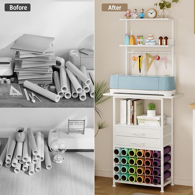 VENNQD Stand Compatible with Cricut Maker and Cricut Explore Air Series Craft Organizers and Storage with 2 Fabric Drawer and Shelves Crafting Table with Vinyl Roll Holder Workstation, White