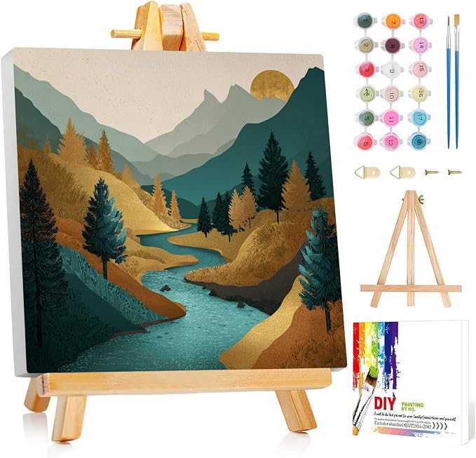 Framed Paint by Numbers Kit for Adults Beginner & Kids Ages 8-12 Mountain Adult Paint by Number Kits on Canvas with Easel Landscape Painting by Numbers for Adults with Frame DIY Painting Kits 8x8 Inch
