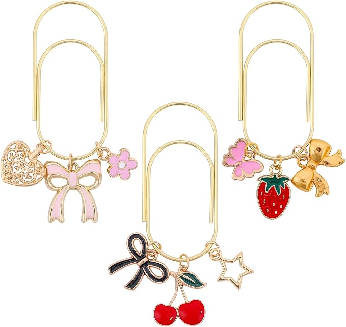 Cute Metal Bookmark Gifts - 3 PCs Charm Cherry Strawberry Bow Paperclip Book Mark Unique Large Aesthetic Page Marker Planner Paper Clip Reading Lover Women Kids Bookish School Accessories