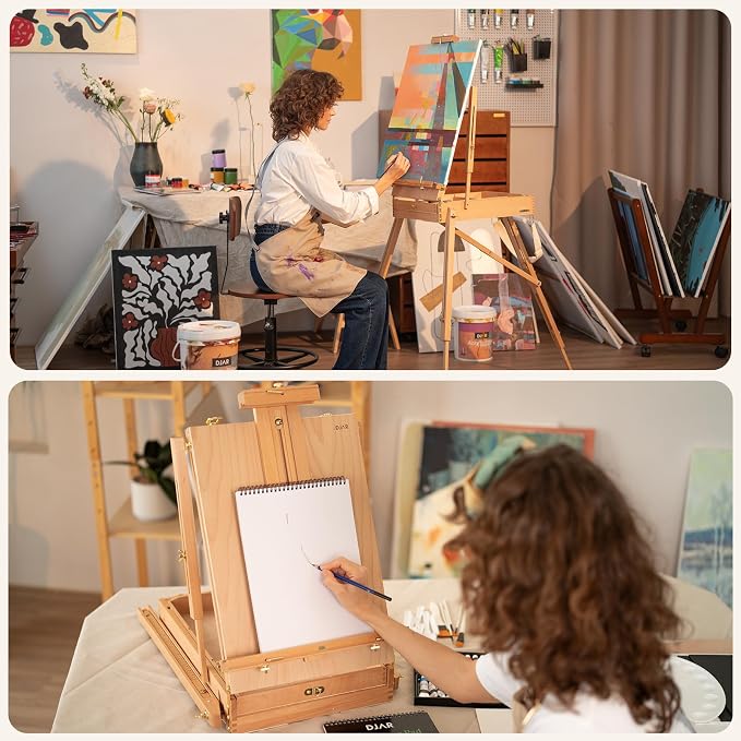 DJAR Beechwood French Easel with Shoulder Strap, Holds Canvas up to 34" | Adjustable, Palette, Level Instrument, Scale Leg, Outdoor & Indoor, Tabletop & Floor Use for Professional & Beginner Artists