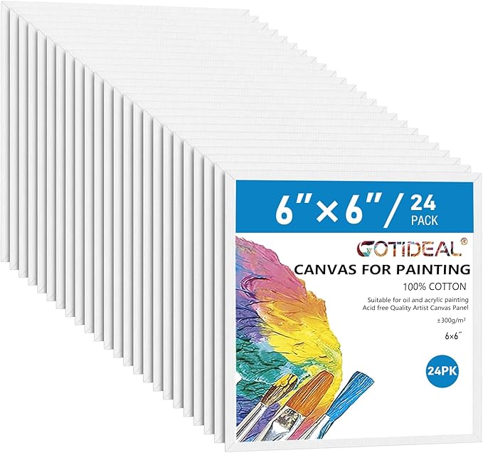GOTIDEAL Canvases for Painting, 6x6 inch of 24 Pack, 100% Cotton | Professional Primed White Blank Flat Canvas Panels, Artist Canvas Boards for Acrylics Painting, Oil Watercolor Tempera