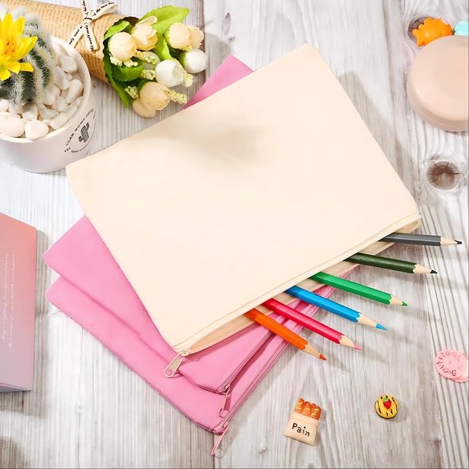 meekoo 16 Pcs Blank Canvas Zipper Pouch Makeup Bag,L;Beige and Pink