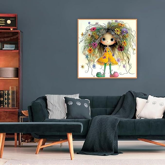 XUCNWL Diamond Art Kits,Whimsical Girl with Floral Hair Diamond Painting