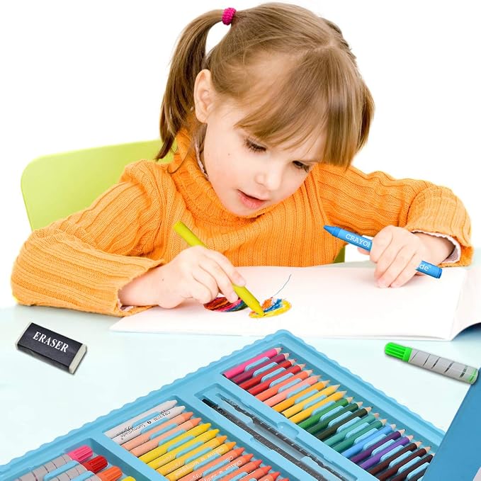 Sunnyglade 185 Pieces Double Sided Trifold Easel Art Set Art Supplies Blue | Art Kit Drawing Art Box with Oil Pastels, Crayons, Colored Pencils, Markers, Paint Brush, Watercolor Cakes, Sketch Pad