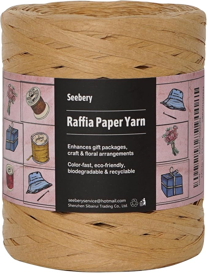 Raffia Ribbon Yarn for Crafts - Raffia Grass Twine for Gift Wrapping, DIY Decoration, Blinds & More | Matte String Paper Rope - 1/4'' Wide, 218 Yards, Brown