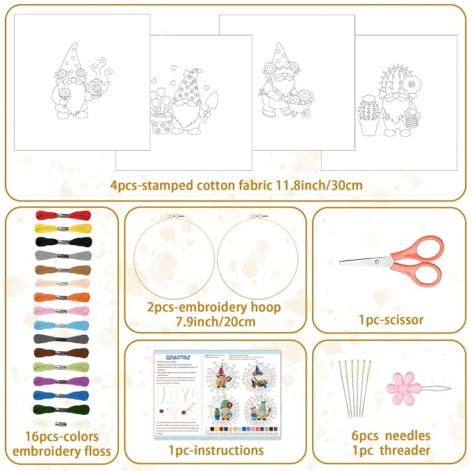 BEUNITONE 4 Set Gardener Gnome Embroidery Kit for Adult Beginners with Hoop | Needlepoint Craft Kits Complete DIY Handmade Cross Stitch Set with Pre-Printed Designs for Home Decor and Gifts 20x20cm