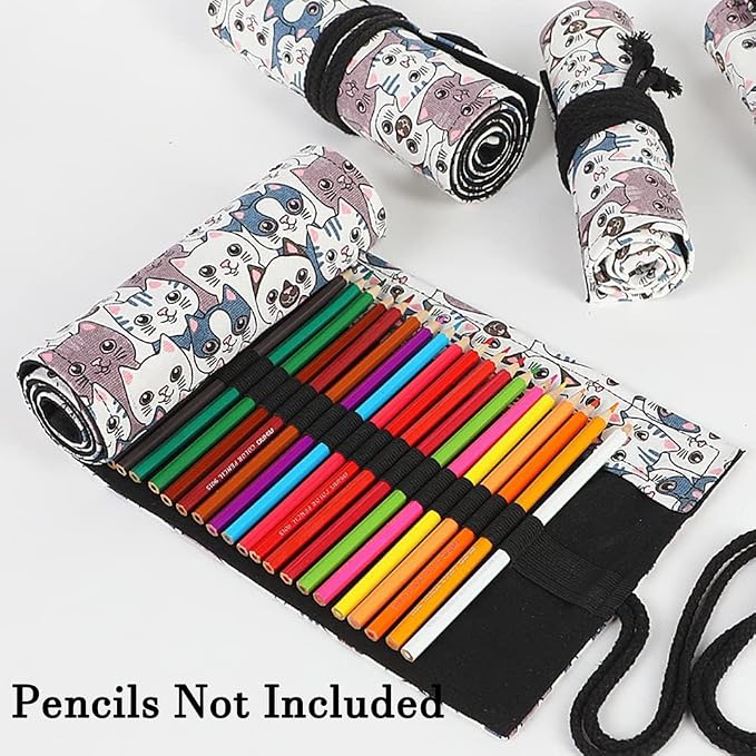 DIYOMR 24/36/72 Slots Pencil Wrap Pencil Rolls, Artist Colored Pencils Roll Up Bag Short Brushes Pouch Case Pencils Organizer for Drawing Coloring and Sketching,No Pencils (Big Headed Cat, 36slots)