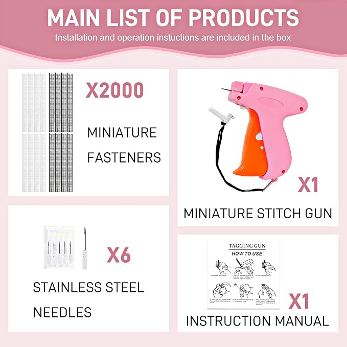 2026 New Stitch Gun for Clothes, Handheld Quick Clothing Fixer Sewing Kit with 1000 Black & 1000 White Fasteners, 6 Replacement Needles, Pink-orange
