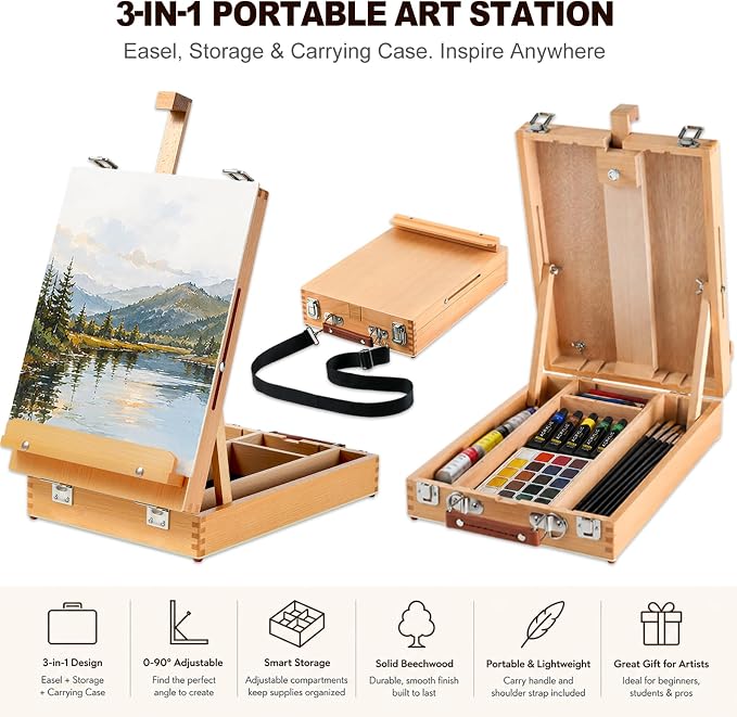 Beechwood Tabletop Easel for Painting, Portable Easel with Shoulder Strap | Upgraded Art Easel with Built-In Sketchbox Storage, Adjustable Angle, Desktop Drawing Easel for Sketching & Canvas Painting