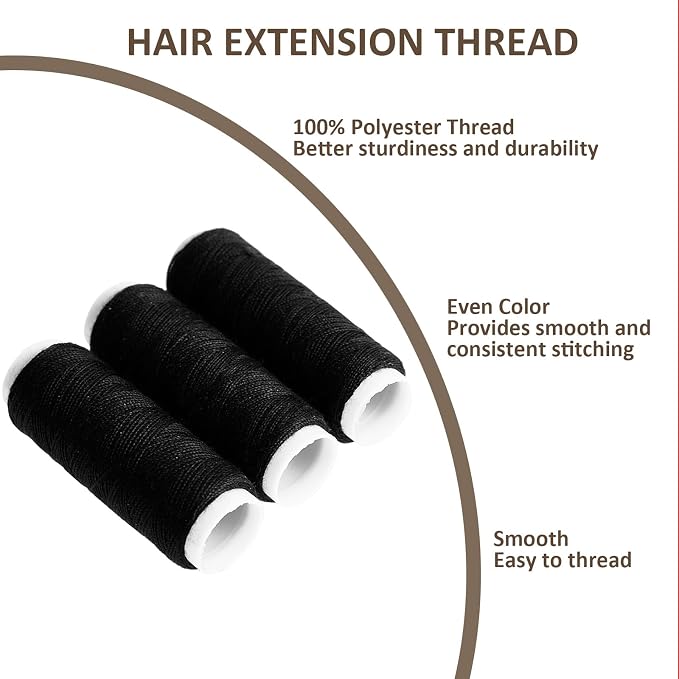 VCAY Hair Extension Sewing Kit,3 Rolls Weaving Thread,10 Curved Needles