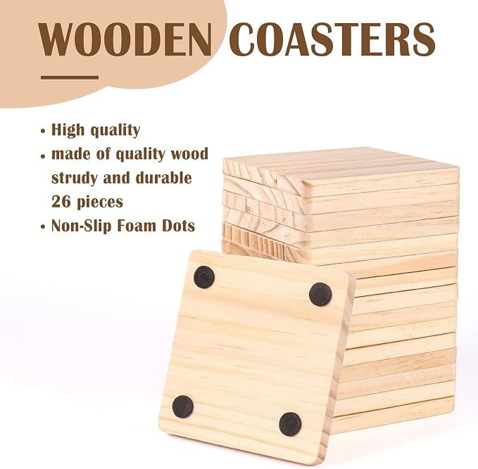 26 Pack Unfinished Wood Coasters, 4 Inch Square Blank Wooden Coasters Crafts Coasters with Non-Slip Silicon Dots for DIY Architectural Models Drawing Painting Wood Engraving