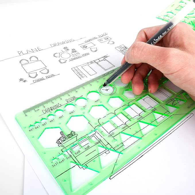 11PCS Geometric Drawings Templates, Drafting Stencils Measuring Tools, BetyBedy Plastic Clear Green Ruler Shapes with a Zipper Bags for Architecture, Office, Studying, Designing and Building