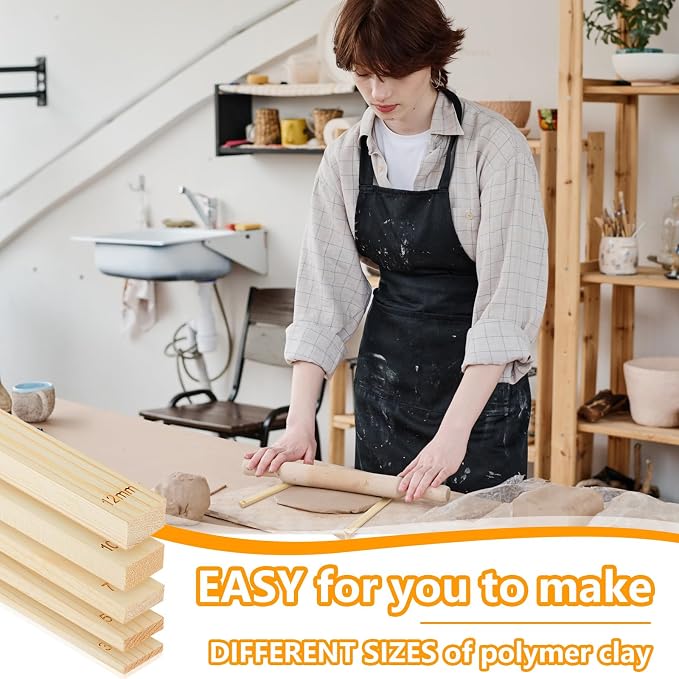 Sasylvia 20 Pcs Clay Pottery Rolling Pin Guides,5 Size,Wood Color | Wooden, Teaching Rolling Mud Stick Guide, Polymer Clay Depth Thickness Guide, Pottery Mudboard Tool