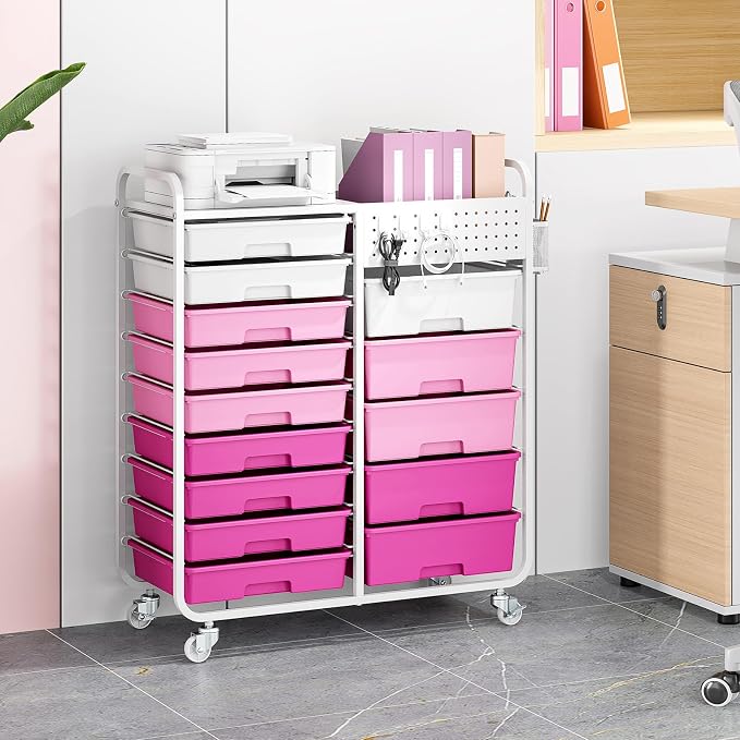 14 Drawer Rolling Storage Cart with Tabletop and Pegboard for Crafts Pink | Easy Setup, Large Capacity, Sturdy Build, Smooth Mobility, For classroom, office and dorm supplies