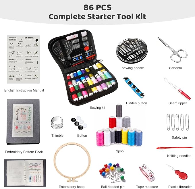 Vipxsa Embroidery Stitch Book Kit for Beginners, 138 Patterns with Embroidery Hoop & 87 PCS Tools, Portable Loose-Leaf Beginner Embroidery Kit Hand Embroidery Starter Kit for Adults DIY Craft Lovers