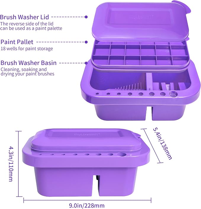 MyLifeUNIT Paint Brush Cleaner, Paint Brush Holder with Palette, Purple | 18 mixing wells, 16 slots fitting 0.24-0.63 in diameters, 3 washing compartments, removable tray lid