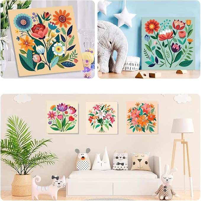 SYDYLH 6 Pack Paint by Numbers Kit with Frame, Easy Acrylic Painting for Kids & Adults, Flowers Paint by Number for Ages 6-12, 8x8 Inch DIY Art Set for Home Wall Decor