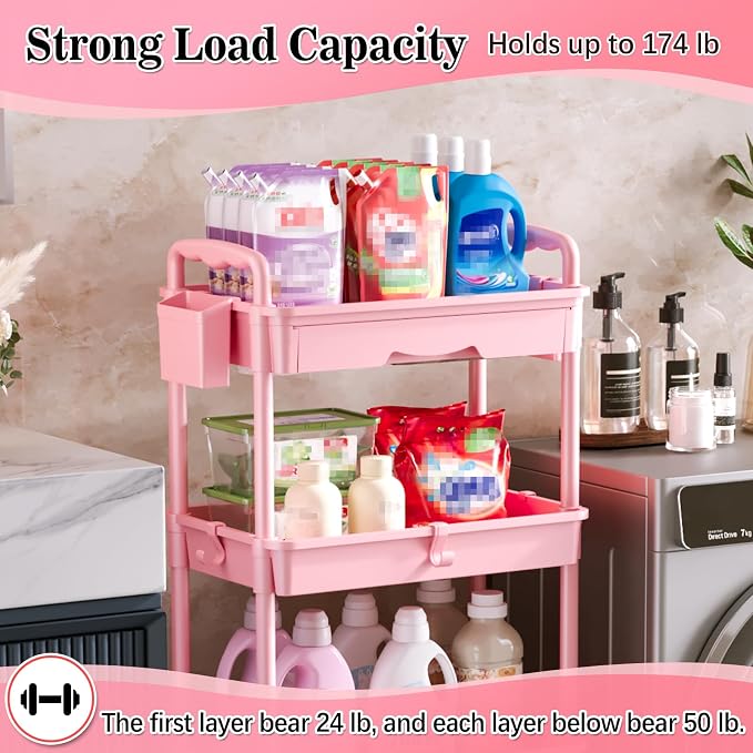 SUNALLY 4 Tier Rolling Cart with Drawer, Craft Storage Cart Organizer, Pink