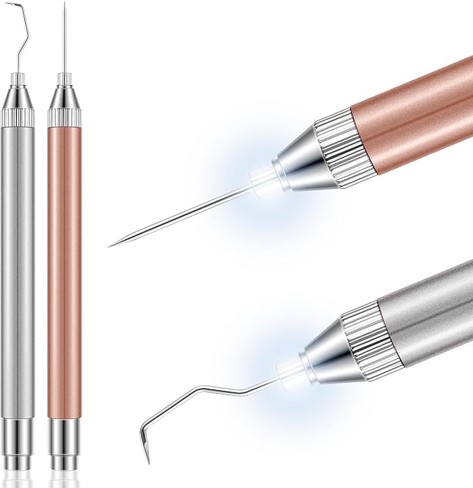 Therwen 2 Pcs LED Vinyl Weeding Pen Tools with Hook Tips, Rose Gold, Silver | Built-in LED Light, Tiny Vinyl Detail Removal, for Heat Transfer, Compatible with Silhouette Machines