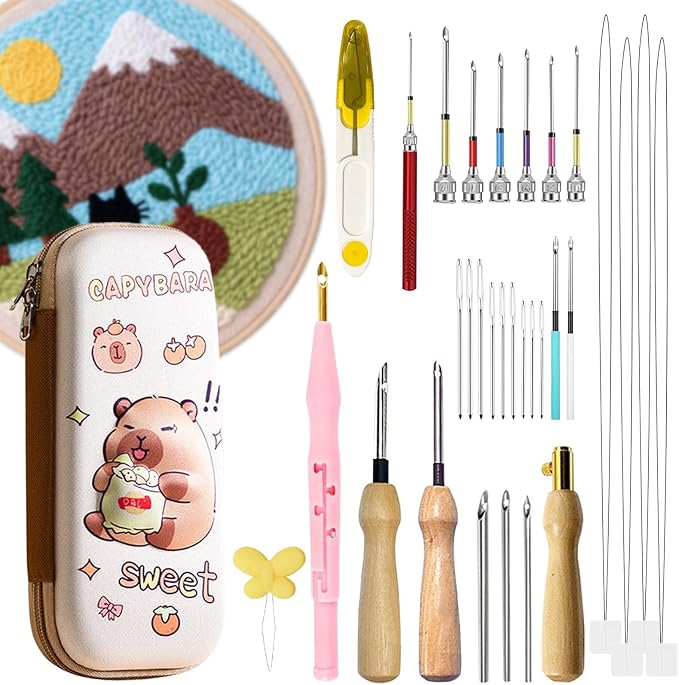 HYINUS 43Pcs Punch Needle Kit for Adult Beginners, Adjustable Punch Needle Tool with Different Size Needles & Capybara Storage Case, Wooden Handle Embroidery Pen Set for Gifts, Decor & DIY Craft