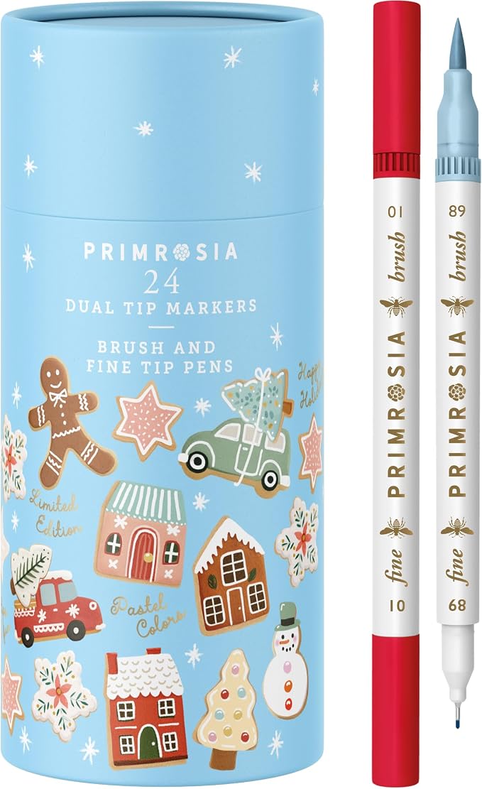 Primrosia 24 Dual Tip Marker Pens – Christmas Sugar Cookie Limited Edition Gift Pack. Pastel & Holiday Colours for Coloring, Journaling, Card Making, Tags & Creative Projects. Brush & Fine Tips