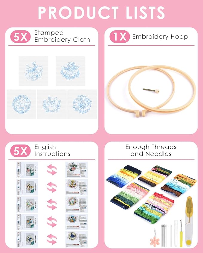 TINDTOP 5 Sets Embroidery Kit for Beginners Adult, Embroidery Kit for Beginners Include Embroidery Cloth Hoops Threads for Craft Lover Hand Stitch with Embroidery Skill Techniques | Include Embroidery Cloth Hoops Threads for Craft Lover Hand Stitch wit...