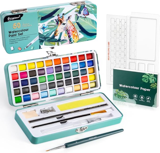 Prudiut Watercolor Paint Set, 50 Colors with Paper, Brushes & Palette | Highly Pigmented Colors, Portable Box, Beginner Friendly, For Sketching, Calligraphy & Travel Art