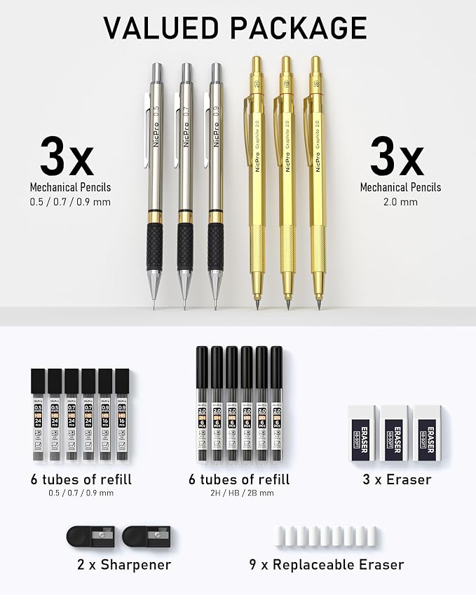 Nicpro Gold Art Mechanical Pencil Set | Metal Drafting Pencil 0.5, 0.7, 0.9mm & 2mm Lead Holder(2B HB 2H) For Sketching Drawing With Lead Refills Case