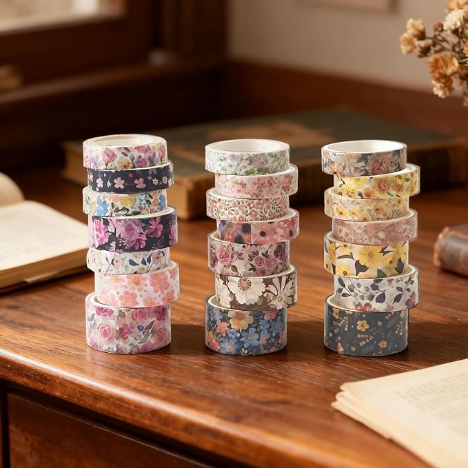 21 Rolls Yellow Floral Washi Tape Set - Retro Sunflower/Daisy/Rose Pattern Decorative Tape for Scrapbooking, Journaling, Junk Journal, Craft Supplies, Romantic Aesthetic Gift for Handmade Lovers