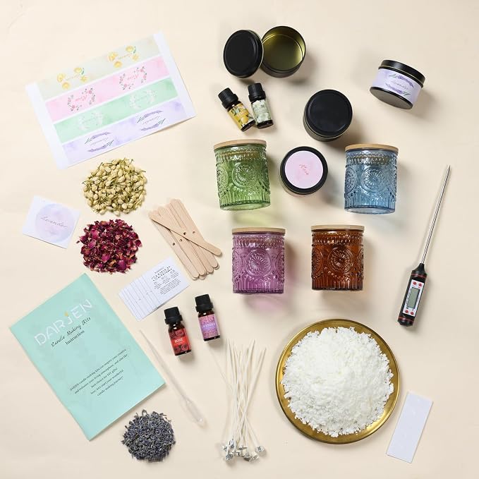 DARJEN Candle Making Kit for Adults, 8 Jars & Tins Soy Wax Scented DIY Set | 100% Soy Wax, 10oz Glass Jars, 4oz Tins, Cotton Wicks, Pleasant Scents, Instruction& More- Perfect as Home Decorations