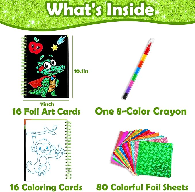 FUNNYB&G Foil Art Craft Kit for Kids, Sparkly Birthday Gift Toy for Kids | No Mess, Kids Ages 4-10 Create Sparkling Artwork, A Creative Gift for Birthdays, Holidays, Travel Activities,Screen-Free Fun
