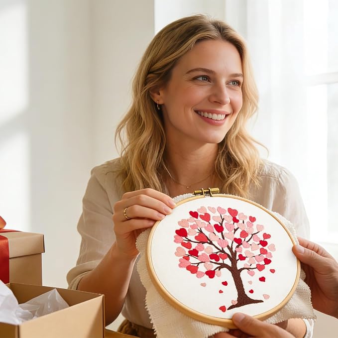 Love Heart Tree Embroidery Kits for Beginners Adults, Valentine's Day Hand Embroidery Kits, Cross Stitch Kits for Adult Anniversary Valentine's Gift, Entire Set of Embroidery Supplies & Video Tutorial