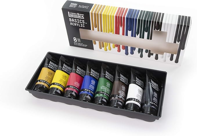 Liquitex BASICS Acrylic Paint Set, 8 x 75ml (2.4-oz) Tube Paint Set | Medium Viscosity, Satin Finish, Lightfast, Fine Art Pigments, Range of Opacities, Easy Blending