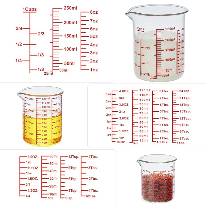 Ackers BORO3.3 Glass Measuring Cups with Spouts, 3-Piece Set, 60/120/250 ml