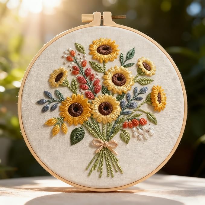 Sunflower Embroidery Kit for Beginners - All in One DIY Cross Stitch Starter with Hoop, Pre-Printed Fabric, Embroidery Threads, Needles,Perfect Craft Gift for & Home Decor