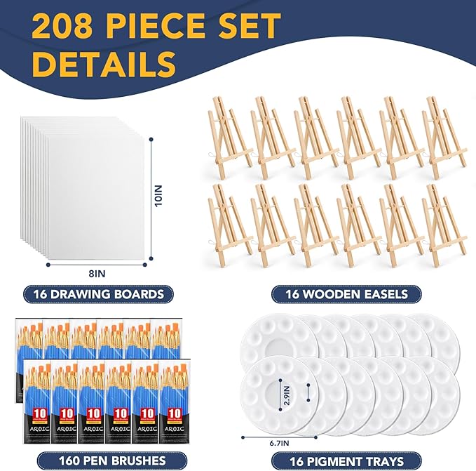 AROIC 208 Pcs Easel Sets with 16 Easels, 160 Brushes, 16 Canvas, 16 Palette | Painting Set, Tabletop Easel, Art Easels, Painting Supplies for Kids & Adults to Paint Party
