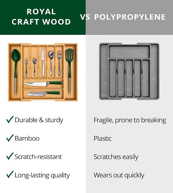 ROYAL CRAFT WOOD Luxury Bamboo Kitchen Drawer Organizer - Silverware Organizer, Utensil Holder & Cutlery Tray Drawer Dividers for Flatware (9 Slot, Natural)