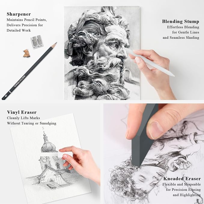 Aenir Sketch Pencils for Drawing, Drawing Pencils Set of 18, 10B–4H Graphite Pencil, Vinyl Eraser, Kneaded Eraser, Sharpener, Blending Stump,Sketch Set for Artists, Art Supplies.