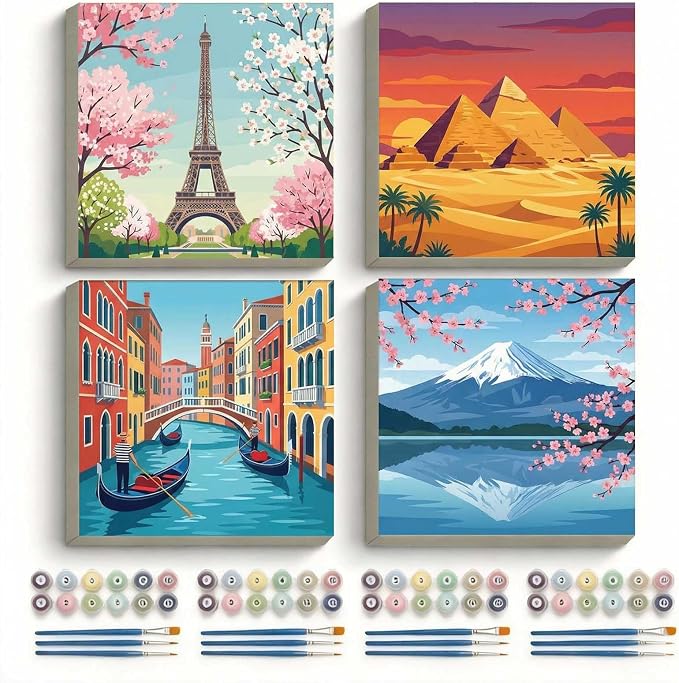 Amphol Framed Paint by Numbers Kit for Adults, Landmarks 4 Pack Paint by Number Kit for Beginners wtih Frame, DIY Landscape Oil Painting Arts on 10”x10” Framed Canvas, Great Home Wall Decor Gift