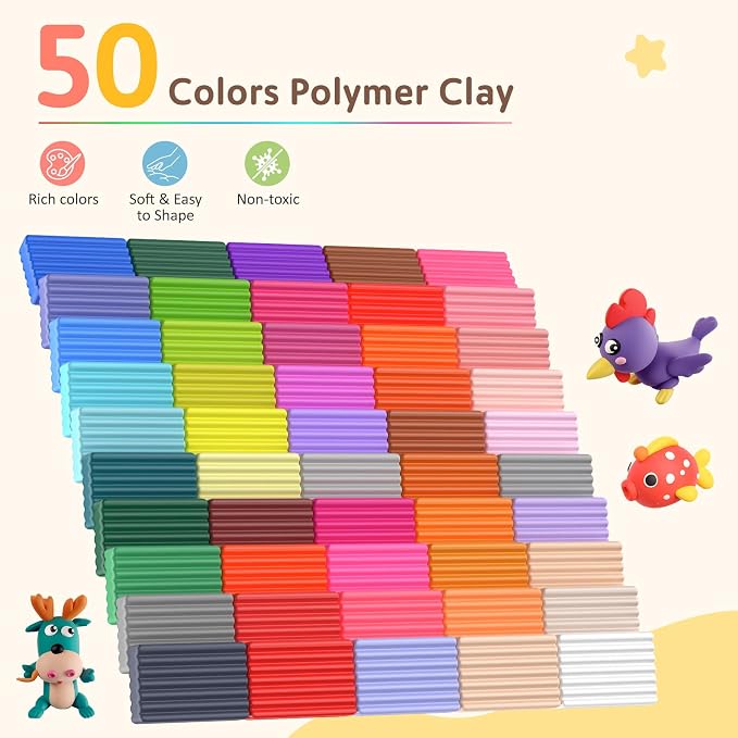 Polymer Clay Kit 50 Colors, Oven Bake Clay for Kids & Artists | DIY clay kit with sculpting tools & accessories; easy-shape, non-sticky, colorful clay for classroom, home crafts & gifts.
