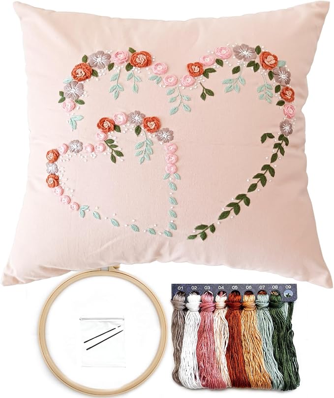 Crewel Pillow Case Embroidery Kit, Heart Shaped Loving You Floral Stamped Pattern Kits for Audlt Beginners, Works Crafts Throw Pillow Cover Great Gift for Loved Ones, 18 x 18'' (Coral)