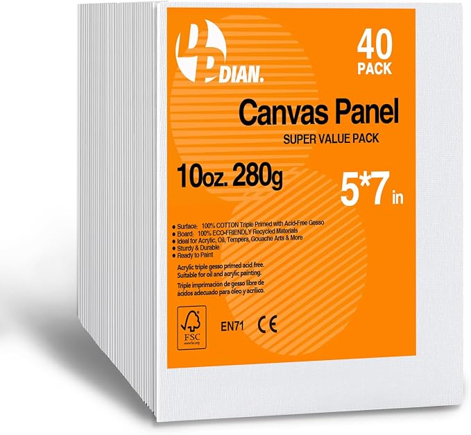 Canvas Boards for Painting 5x7 Inch, 40-Pack Bulk Canvas Value Pack - Art Supplies Blank Paint Canvas Panels for Acrylic, Oil, Watercolor, Tempera, Gouache