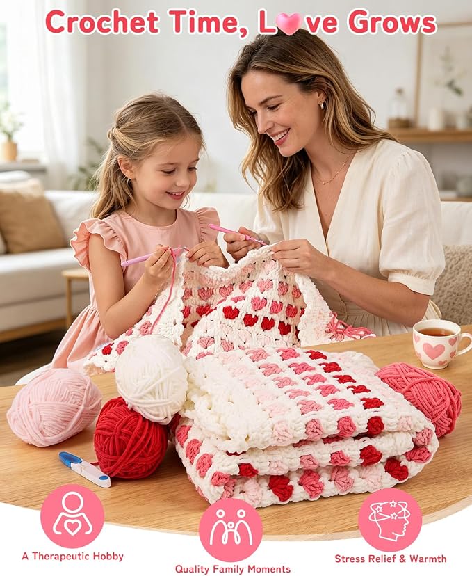 Arborthread Blanket Crochet Kit for Beginners, Crochet Heart Blanket Kit with Soft Chenille Yarns, Detailed Video & Instructions for Adults & Kids – Featuring a Heart Pattern & Edging, Pink
