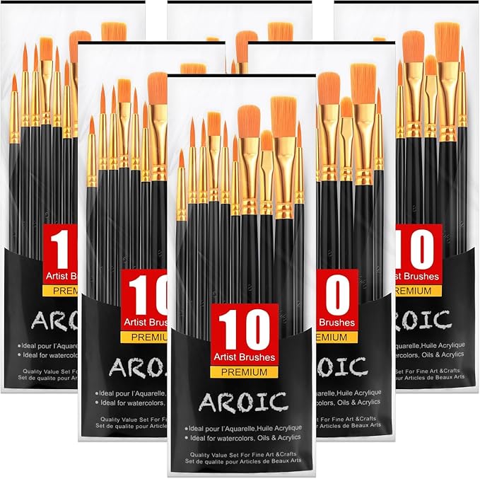 AROIC Acrylic Paint Brushes, 6 Packs / 60 pcs Nylon Hair Paint Brush Set | All Purpose Oil Watercolor Painting Artist Professional Kits (Black)