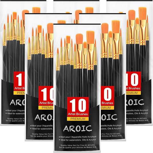 AROIC Acrylic Paint Brushes, 6 Packs / 60 pcs Nylon Hair Paint Brush Set | All Purpose Oil Watercolor Painting Artist Professional Kits (Black)